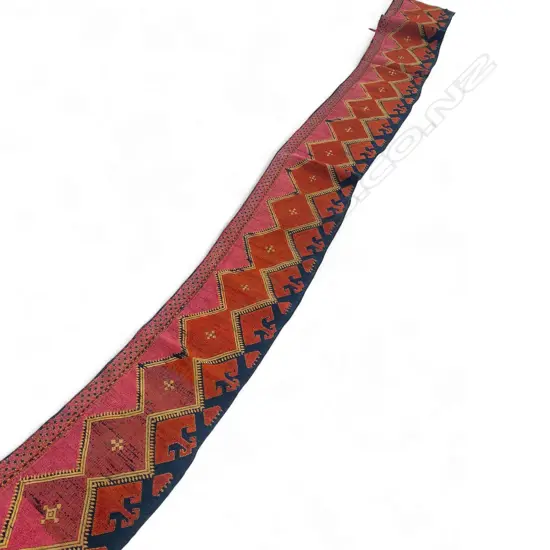 Textile band - cotton/silk embroidery,- Uzbek - black ground - pink and orange decoration. 189 x 17.5cm